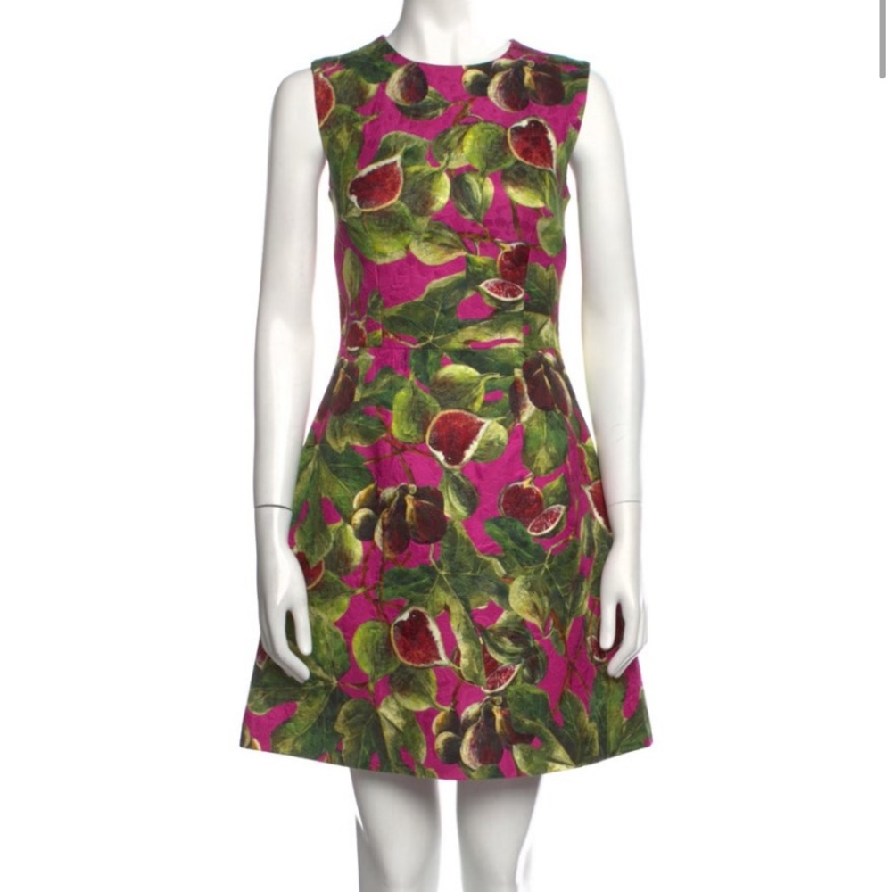 Dolce & Gabbana A-Line Pink Silk Dress in Fig-Printed Brocade
